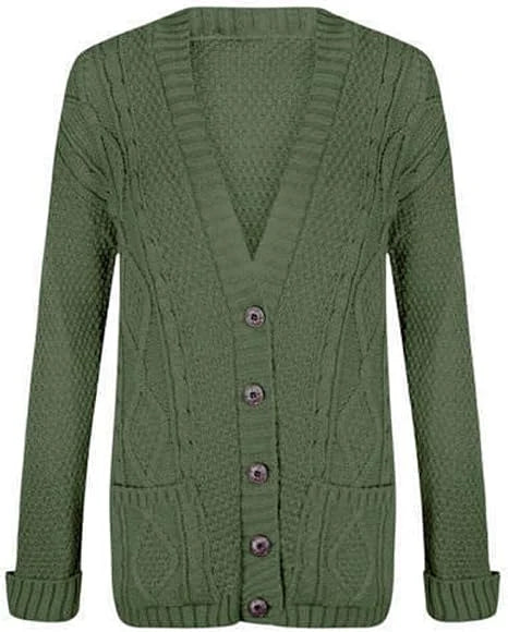 Women’s chunky Aran cable knit button cardigan in Khaki color