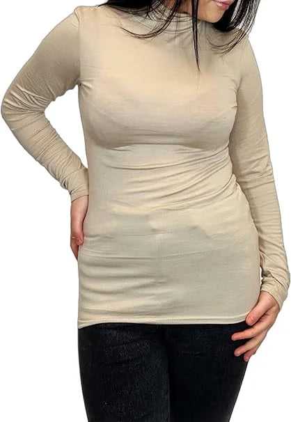 Ladies polo roll neck long sleeve jumper in Stone color