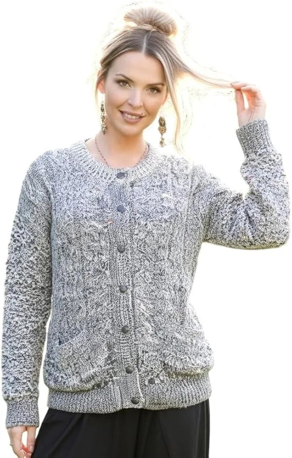 Ladies long sleeve cable knit cardigan with pockets in Marl Grey color