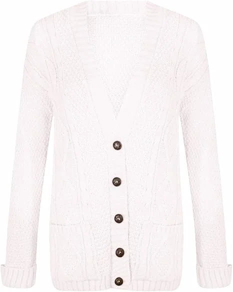 Women’s chunky Aran cable knit button cardigan in White color