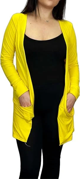 Ladies long sleeve open front pocket cardigan in Yellow color