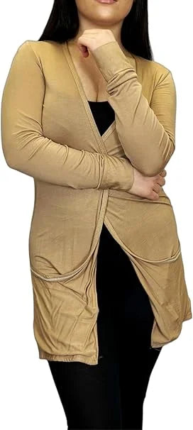Ladies long sleeve open front pocket cardigan in Camel color