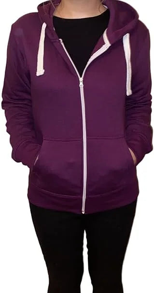 Ladies fleece hooded top with zipper in Purple color