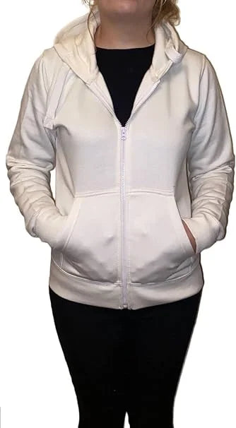 Ladies fleece hooded top with zipper in White color