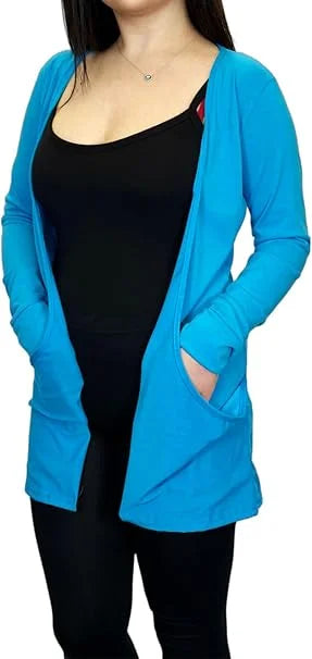 Ladies long sleeve open front pocket cardigan in Turquiose color