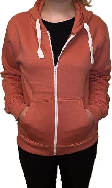 Ladies fleece hooded top with zipper in Coral color
