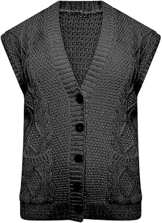 Ladies sleeveless cable knit cardigan vest with 5 buttons and 2 pockets in Black color