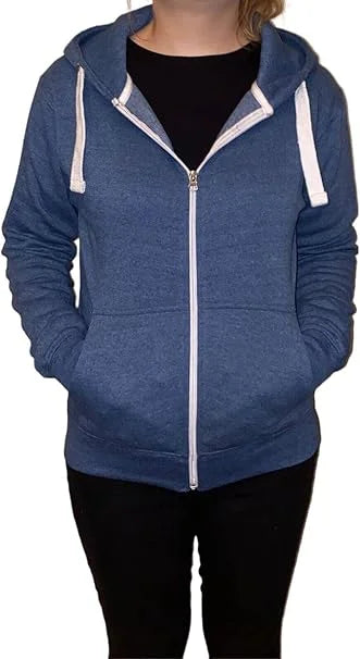Ladies fleece hooded top with zipper in Denim Blue color
