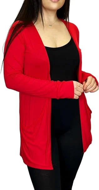 Ladies long sleeve open front pocket cardigan in Red color