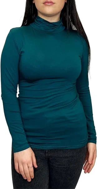 Ladies polo roll neck long sleeve jumper in Teal color