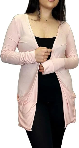 Ladies long sleeve open front pocket cardigan in Peach color