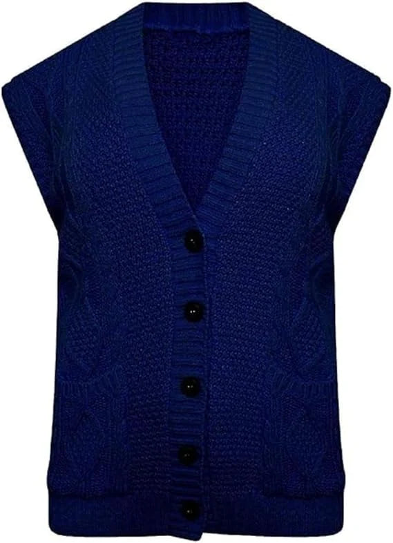 Ladies sleeveless cable knit cardigan vest with 5 buttons and 2 pockets in Navy color