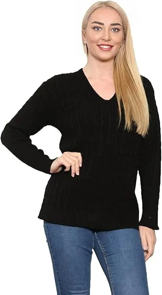 Ladies long sleeve V-neck cable knit jumper in Black color