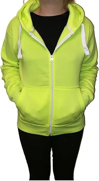 Ladies fleece hooded top with zipper in Neon Green color