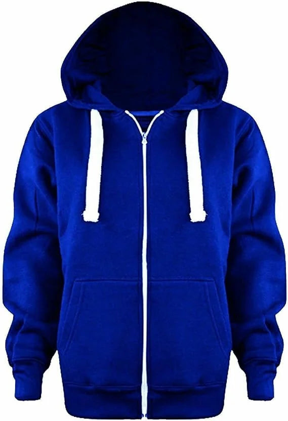 Ladies fleece hooded top with zipper in Royal Blue color