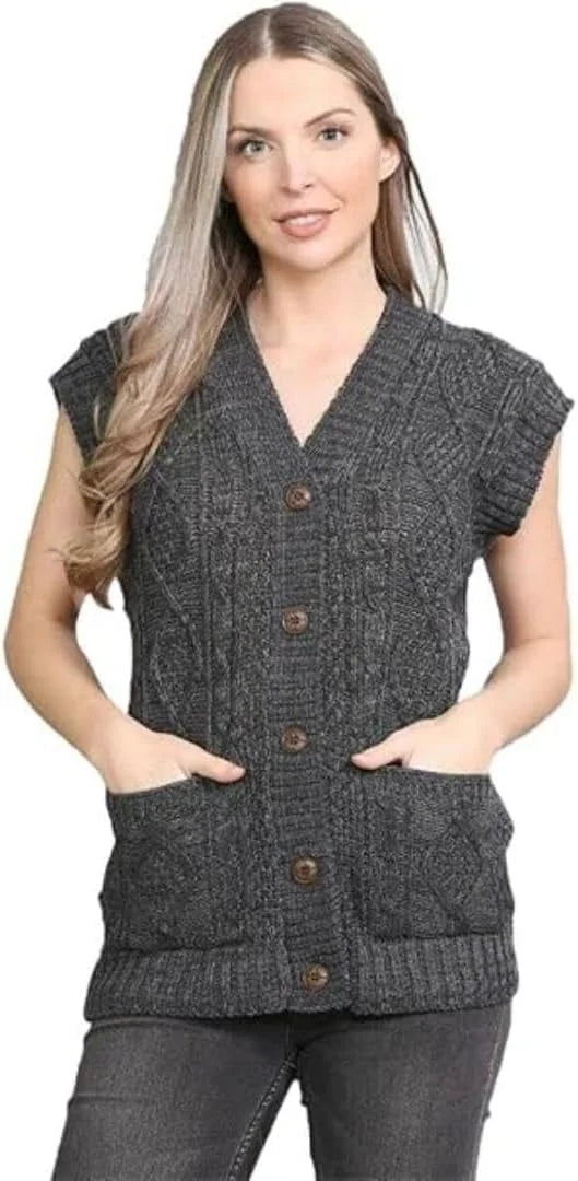 Ladies sleeveless cable knit cardigan vest with 5 buttons and 2 pockets in Charcoal color
