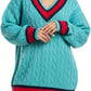 Women’s cable knitted V-neck cricket sweater in Aqua color