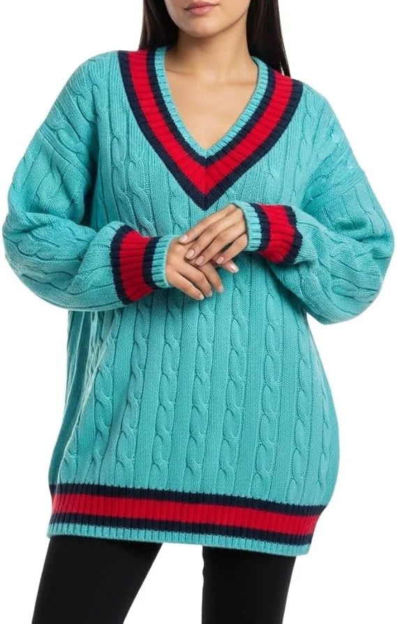 Women’s cable knitted V-neck cricket sweater in Aqua color