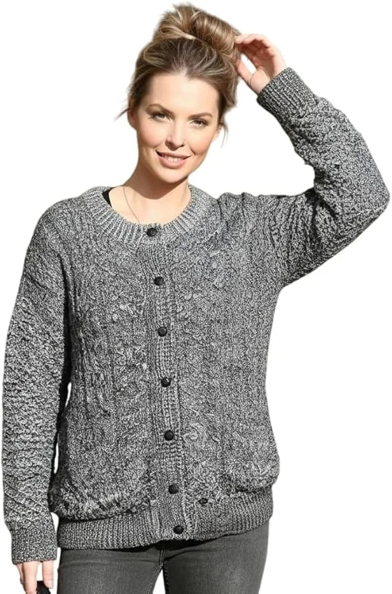 Ladies long sleeve cable knit cardigan with pockets in Marl Black color