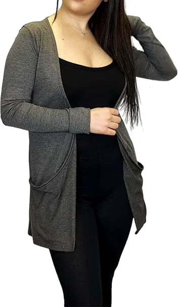 Ladies long sleeve open front pocket cardigan in Charcoal color