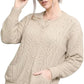 Ladies long sleeve cable knit cardigan with pockets in Marl Beige color