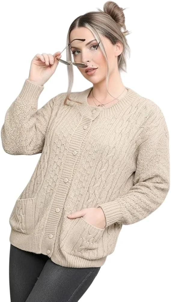 Ladies long sleeve cable knit cardigan with pockets in Marl Beige color