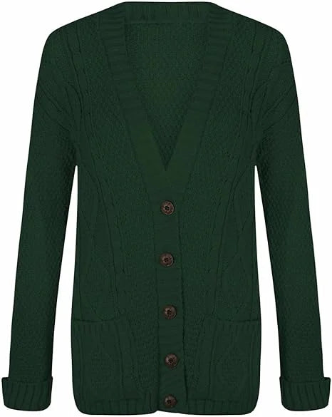 Women’s chunky Aran cable knit button cardigan in Bottle Green color