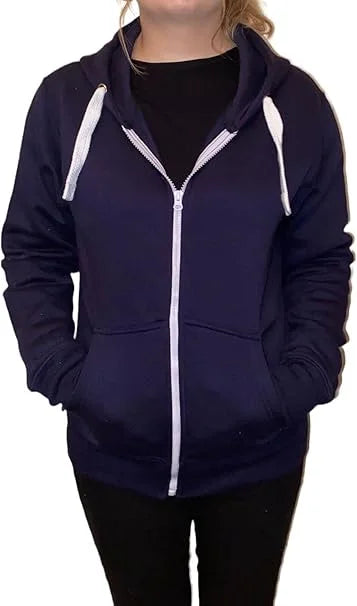 Ladies fleece hooded top with zipper in Navy color