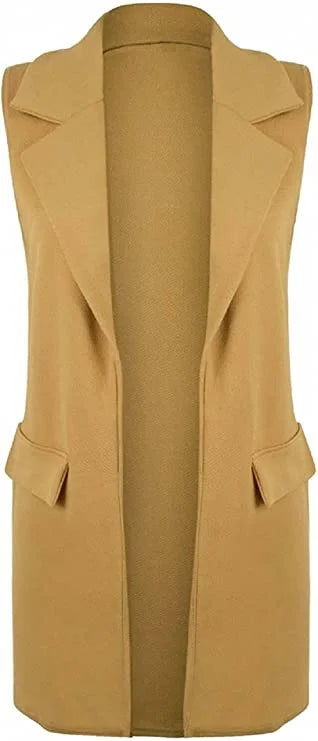 Women’s sleeveless long waistcoat in Camel color