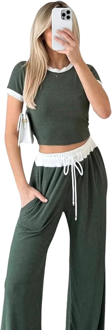 Ladies ribbed crop top and trouser co-ord set in Sage color