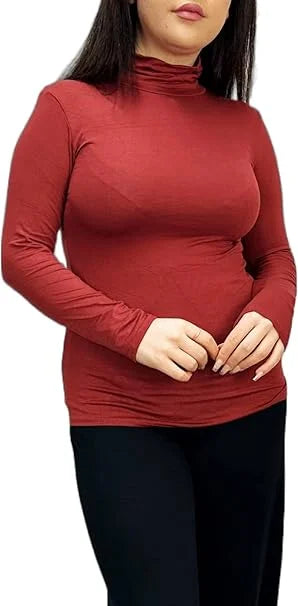 Ladies polo roll neck long sleeve jumper in Rust color