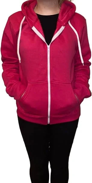 Ladies fleece hooded top with zipper in Fuchsia color