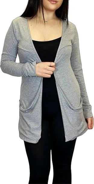 Ladies long sleeve open front pocket cardigan in Silver color