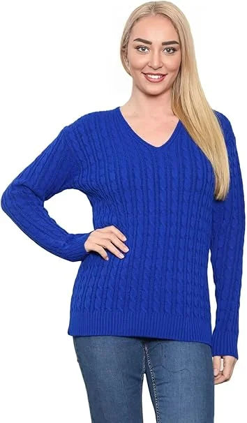 Ladies long sleeve V-neck cable knit jumper in Royal Blue color