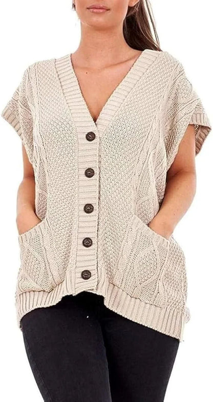 Ladies sleeveless cable knit cardigan vest with 5 buttons and 2 pockets in Beige color