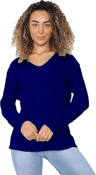 Ladies long sleeve V-neck cable knit jumper in Navy color