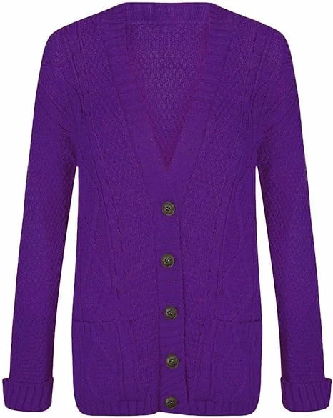 Women’s chunky Aran cable knit button cardigan in Purple color