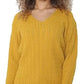 Ladies long sleeve V-neck cable knit jumper in Mustard color