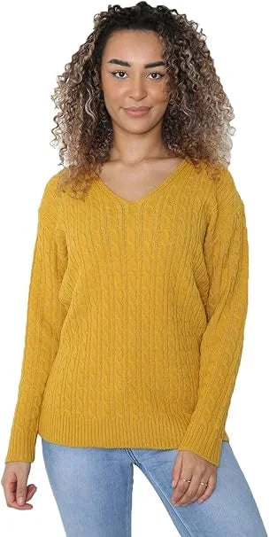 Ladies long sleeve V-neck cable knit jumper in Mustard color