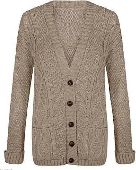 Women’s chunky Aran cable knit button cardigan in Mocha color