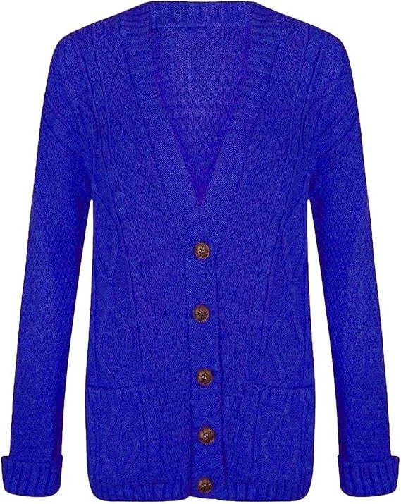 Women’s chunky Aran cable knit button cardigan in Royal Blue color