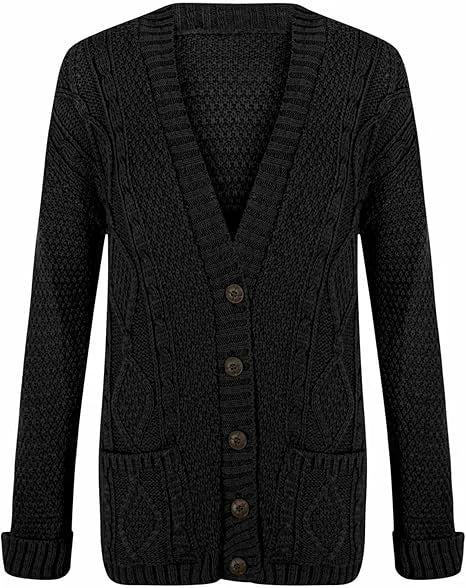 Women’s chunky Aran cable knit button cardigan in Black color