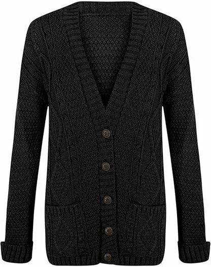 Women’s chunky Aran cable knit button cardigan in Black color