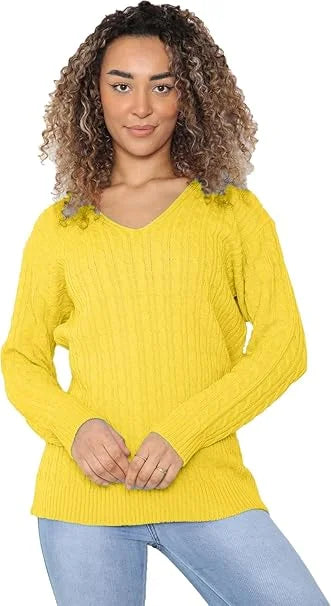 Ladies long sleeve V-neck cable knit jumper in Yellow color