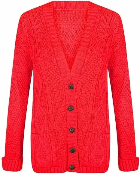 Women’s chunky Aran cable knit button cardigan in Red color