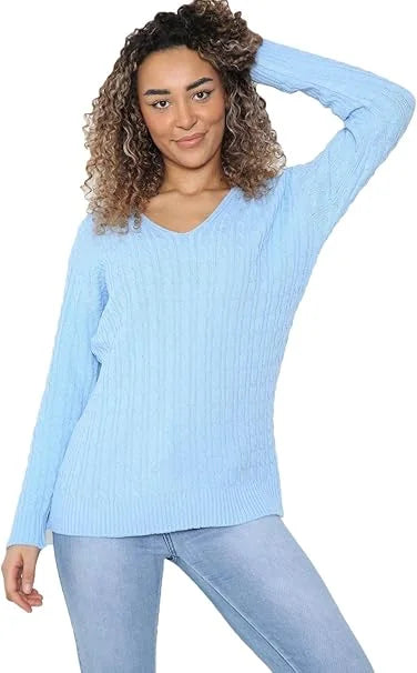 Ladies long sleeve V-neck cable knit jumper in Sky Blue color