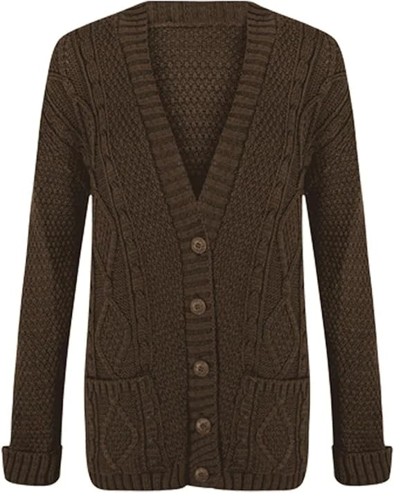 Women’s chunky Aran cable knit button cardigan in Chocolate Brown color