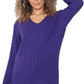 Ladies long sleeve V-neck cable knit jumper in Purple color