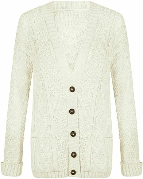 Women’s chunky Aran cable knit button cardigan in Cream color