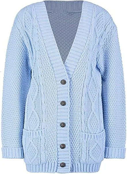 Women’s chunky Aran cable knit button cardigan in Sky Blue color